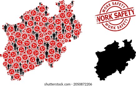 Collage map of North Rhine-Westphalia State composed of virus outbreak elements and men icons. Work Safety scratched seal. Black man icons and red SARS virus icons.