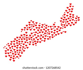 Collage map of Nova Scotia Province formed with red love hearts. Vector lovely geographic abstraction of map of Nova Scotia Province with red romantic symbols. Romantic design for relations projects.