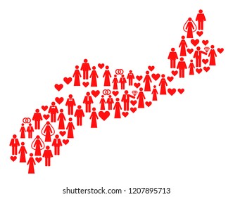 Collage map of Nova Scotia Province created with red married wives and husbands. Vector lovely geographic abstraction of map of Nova Scotia Province with red wedding symbols.