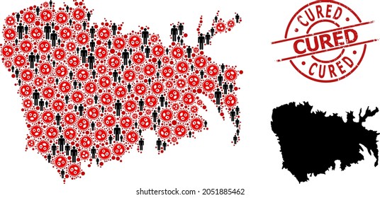 Collage map of Nuku Hiva Island designed from SARS virus items and humans elements. Cured scratched stamp. Black crowd elements and red flu virus elements. Cured phrase inside round seal stamp.