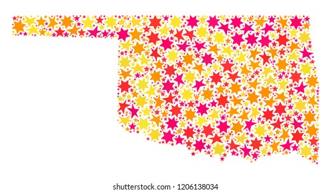 Collage map of Oklahoma State formed with colored flat stars. Vector colored geographic abstraction of map of Oklahoma State with red, yellow, orange stars. Festive design for holiday illustrations.