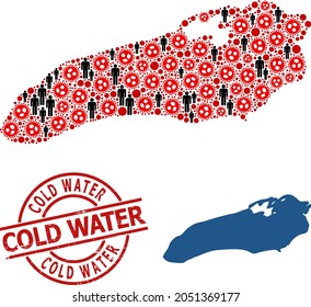 Collage map of Ontario Lake composed of virus elements and population elements. Cold Water scratched stamp. Black men elements and red sars virus elements. Cold Water caption inside round stamp.