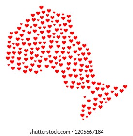Collage map of Ontario Province composed with red love hearts. Vector lovely geographic abstraction of map of Ontario Province with red dating symbols. Romantic design for dating posters.
