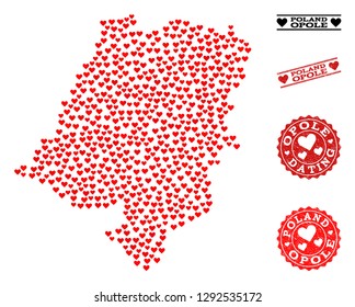 Collage map of Opole Province created with red love hearts, and grunge watermarks for dating. Vector lovely geographic abstraction of map of Opole Province with red amour symbols.