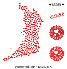 Collage map of Osaka Prefecture created with red love hearts, and rubber stamp seals for dating. Vector lovely geographic abstraction of map of Osaka Prefecture with red dating symbols.