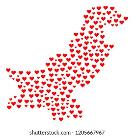Collage map of Pakistan designed with red love hearts. Vector lovely geographic abstraction of map of Pakistan with red romantic symbols. Romantic design for patriotic illustrations.