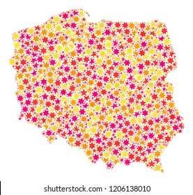 Collage map of Poland designed with colored flat stars. Vector colored geographic abstraction of map of Poland with red, yellow, orange stars. Festive design for Christmas illustrations.