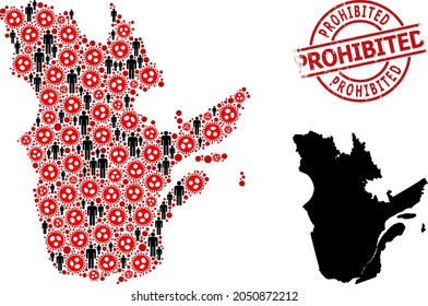 Collage map of Quebec Province united from coronavirus items and demographics icons. Prohibited scratched seal stamp. Black crowd items and red coronavirus items.