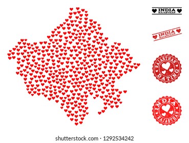 Collage map of Rajasthan State formed with red love hearts, and grunge stamp seals for dating. Vector lovely geographic abstraction of map of Rajasthan State with red romantic symbols.