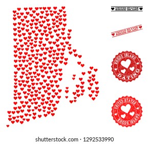 Collage map of Rhode Island State formed with red love hearts, and rubber watermarks for dating. Vector lovely geographic abstraction of map of Rhode Island State with red romantic symbols.