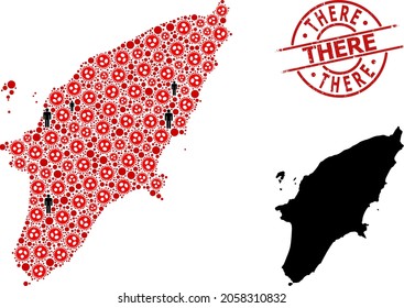 Collage map of Rhodes Island composed of flu virus items and demographics elements. There distress seal stamp. Black crowd items and red sars virus elements. There message inside round seal stamp.