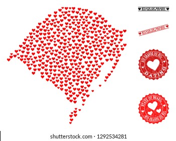 Collage map of Rio Grande do Sul State created with red love hearts, and grunge watermarks for dating. Vector lovely geographic abstraction of map of Rio Grande do Sul State with red romance symbols.