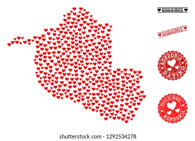 Collage map of Rondonia State designed with red love hearts, and grunge stamp seals for dating. Vector lovely geographic abstraction of map of Rondonia State with red dating symbols.