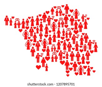 Collage map of Saarland map designed with red wedding brides and grooms. Vector lovely geographic abstraction of map of Saarland map with red romantic symbols. Romantic flat design for bonus projects.