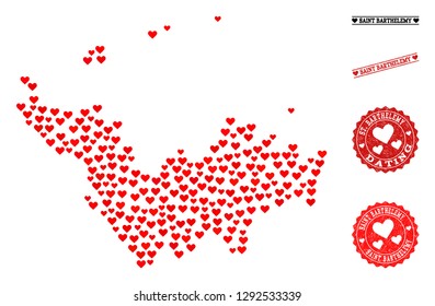 Collage map of Saint Barthelemy formed with red love hearts, and grunge watermarks for dating. Vector lovely geographic abstraction of map of Saint Barthelemy with red dating symbols.