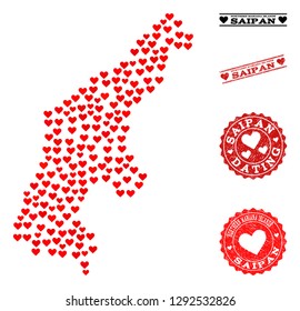 Collage map of Saipan Island designed with red love hearts, and grunge watermarks for dating. Vector lovely geographic abstraction of map of Saipan Island with red dating symbols.