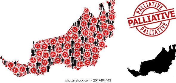 Collage Map Of Sarawak Organized From Flu Virus Icons And Demographics Icons. Palliative Scratched Badge. Black Crowd Icons And Red Covid Icons. Palliative Caption Is Inside Round Seal Stamp.