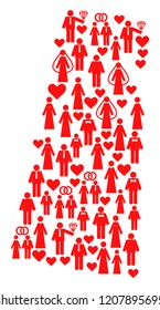 Collage map of Saskatchewan Province composed with red lovely wives and husbands. Vector lovely geographic abstraction of map of Saskatchewan Province with red romantic symbols.