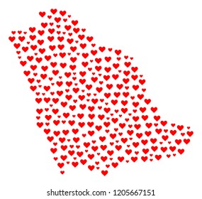 Collage map of Saudi Arabia composed with red love hearts. Vector lovely geographic abstraction of map of Saudi Arabia with red wedding symbols. Romantic design for wedding illustrations.