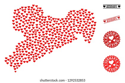 Collage map of Saxony State designed with red love hearts, and grunge stamp seals for Valentines day. Vector lovely geographic abstraction of map of Saxony State with red romantic symbols.
