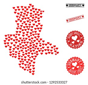 Collage map of Saxony-Anhalt State created with red love hearts, and grunge stamp seals for dating. Vector lovely geographic abstraction of map of Saxony-Anhalt State with red romantic symbols.