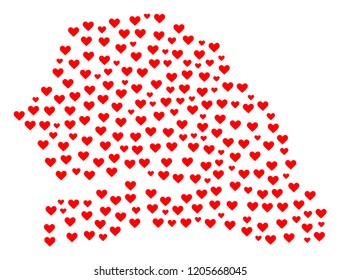 Collage map of Senegal composed with red love hearts. Vector lovely geographic abstraction of map of Senegal with red romantic symbols. Romantic design for wedding purposes.