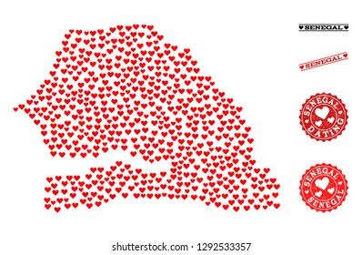 Collage map of Senegal composed with red love hearts, and grunge watermarks for dating. Vector lovely geographic abstraction of map of Senegal with red romantic symbols.
