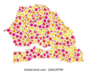 Collage map of Senegal designed with colored flat stars. Vector colored geographic abstraction of map of Senegal with red, yellow, orange stars. Festive design for Christmas illustrations.