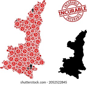 Collage map of Shaanxi Province organized from covid-2019 items and humans icons. Incurable textured seal stamp. Black man icons and red covid-2019 items. Incurable phrase is inside round seal stamp.