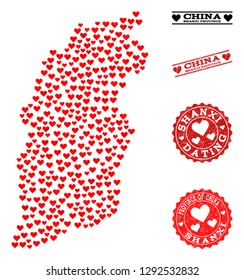 Collage map of Shanxi Province created with red love hearts, and grunge watermarks for dating. Vector lovely geographic abstraction of map of Shanxi Province with red dating symbols.