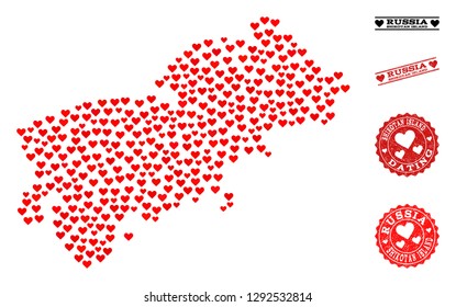 Collage map of Shikotan Island composed with red love hearts, and grunge watermarks for dating. Vector lovely geographic abstraction of map of Shikotan Island with red amour symbols.