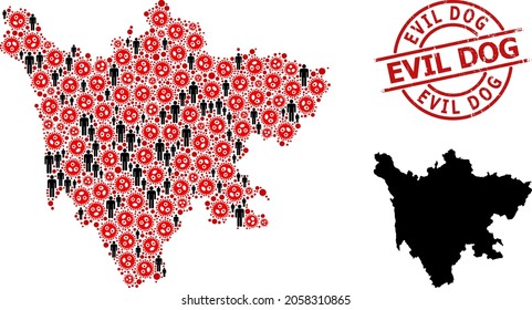 Collage map of Sichuan Province designed from virus outbreak icons and population icons. Evil Dog distress stamp. Black men items and red flu virus icons. Evil Dog caption inside round stamp.
