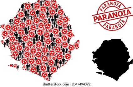 Collage Karte von Sierra Leone vereint aus Virus-Elementen und Menschen Elemente. Paranoia grunge Stempel. Schwarze Menschen Symbole und rote covide Infektionselemente. Paranoia-Text ist in Rundstempel.