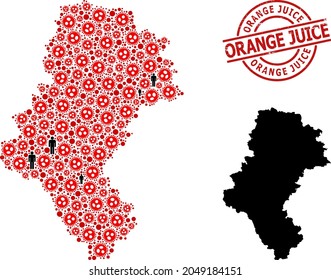 Collage map of Silesia Province composed of SARS virus elements and demographics elements. Orange Juice scratched stamp. Black man items and red sars virus icons.