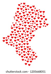 Collage map of Silesia Voivodeship composed with red love hearts. Vector lovely geographic abstraction of map of Silesia Voivodeship with red romantic symbols. Romantic design for bonus applications.