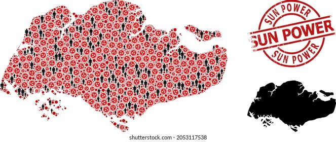 Mapa de grupos de Singapur diseñado a partir de elementos del virus SARS y objetos masculinos. Sello de sello de sello de soldadura grunge de Sun Power. Iconos de personas negras e iconos de virus rojos. Texto de Sun Power dentro del sello de cierre redondo.
