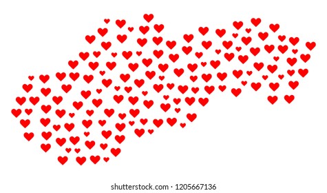 Collage map of Slovakia designed with red love hearts. Vector lovely geographic abstraction of map of Slovakia with red romantic symbols. Romantic design for political posters.