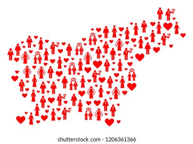 Collage map of Slovenia formed with red lovely men and women. Vector lovely geographic abstraction of map of Slovenia with red romantic symbols. Romantic flat design for political posters.