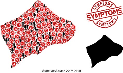 Collage map of Small Inagua Island united from covid infection icons and people elements. Symptoms scratched seal stamp. Black men symbols and red covid infection elements.