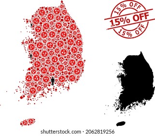 Mapa de las colonias de Corea del Sur construido a partir de íconos del virus SARS e íconos de la población. 15 descuento Sello de grunge. Artículos para hombres negros y elementos rojos del virus SARS. 15 descuento El título de descuento está dentro del sello redondo.