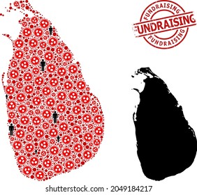 Collage map of Sri Lanka organized from sars virus icons and people items. Fundraising distress seal stamp. Black people icons and red covid infection items. Fundraising caption inside round stamp.