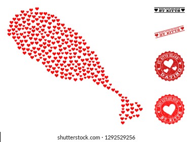Collage map of St Kitts Island designed with red love hearts, and rubber watermarks for dating. Vector lovely geographic abstraction of map of St Kitts Island with red romantic symbols.