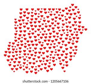 Collage map of Sudan created with red love hearts. Vector lovely geographic abstraction of map of Sudan with red dating symbols. Romantic design for dating posters.