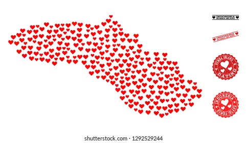 Collage map of Sumba Island designed with red love hearts, and grunge stamp seals for dating. Vector lovely geographic abstraction of map of Sumba Island with red dating symbols.
