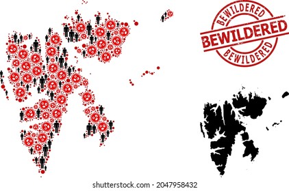 Sammelkarte der Svalbard-Inseln, bestehend aus Elementen und Männerartikeln. Wasserzeichen für verwelkte Not. Schwarze Elemente und rote SARS-Virusartikel. Verwelkte Bildunterschrift innerhalb eines runden Wasserzeichens.