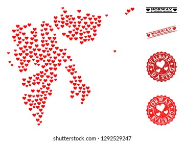 Collage map of Svalbard Islands formed with red love hearts, and rubber watermarks for dating. Vector lovely geographic abstraction of map of Svalbard Islands with red valentine symbols.