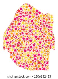 Collage map of Swaziland composed with colored flat stars. Vector colored geographic abstraction of map of Swaziland with red, yellow, orange stars. Festive design for holiday illustrations.