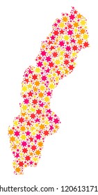 Collage map of Sweden designed with colored flat stars. Vector colored geographic abstraction of map of Sweden with red, yellow, orange stars. Festive design for Xmas illustrations.