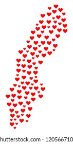 Collage map of Sweden designed with red love hearts. Vector lovely geographic abstraction of map of Sweden with red romantic symbols. Romantic design for wedding applications.