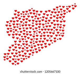 Collage map of Syria created with red love hearts. Vector lovely geographic abstraction of map of Syria with red romantic symbols. Romantic design for dating projects.